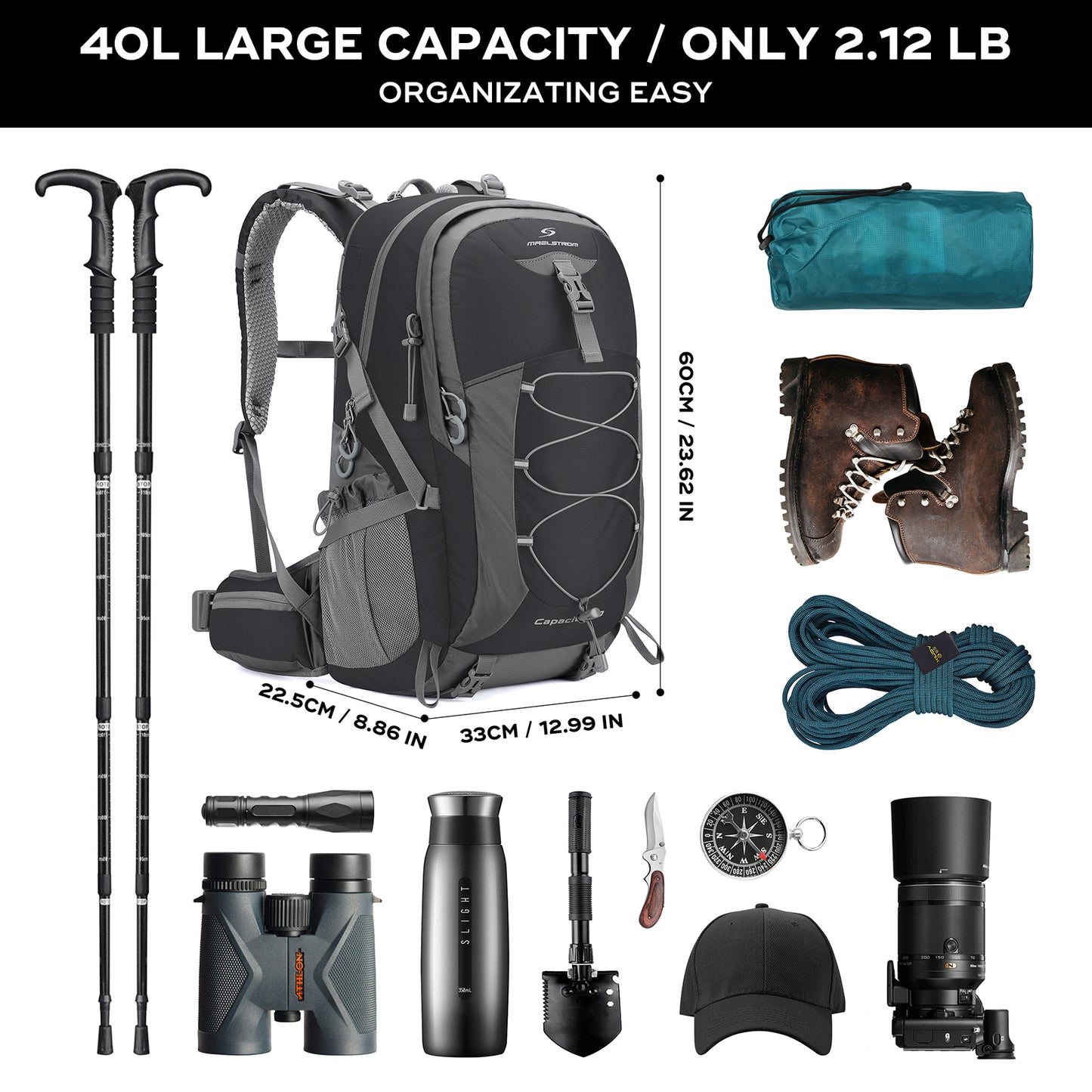 Maelstrom Hiking Backpack,40L Camping Backpack,Lightweight Travel Backpack